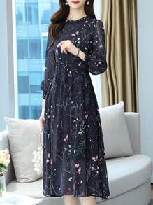 Đầm voan hoa nữ, đầm midi dài tay thắt eo, đầm hoa nhí thanh lịch. - Màu xanh hải quân - Xem 5