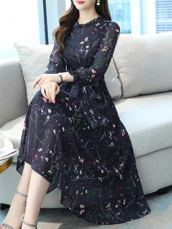 Women's Floral Chiffon Dress, Long Sleeved Waist Cinched Lace Up Mid Length Skirt, Elegant Temperament Printed Dress