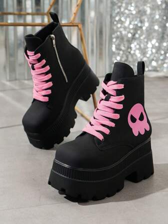 Oversized Lace-Up Platform Ankle Boots For Women With Square Toe And Chunky Heel, Fall/Winter