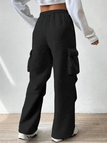 Women's Cargo Pocketed Fleece Cargo Pants - Black - View 5