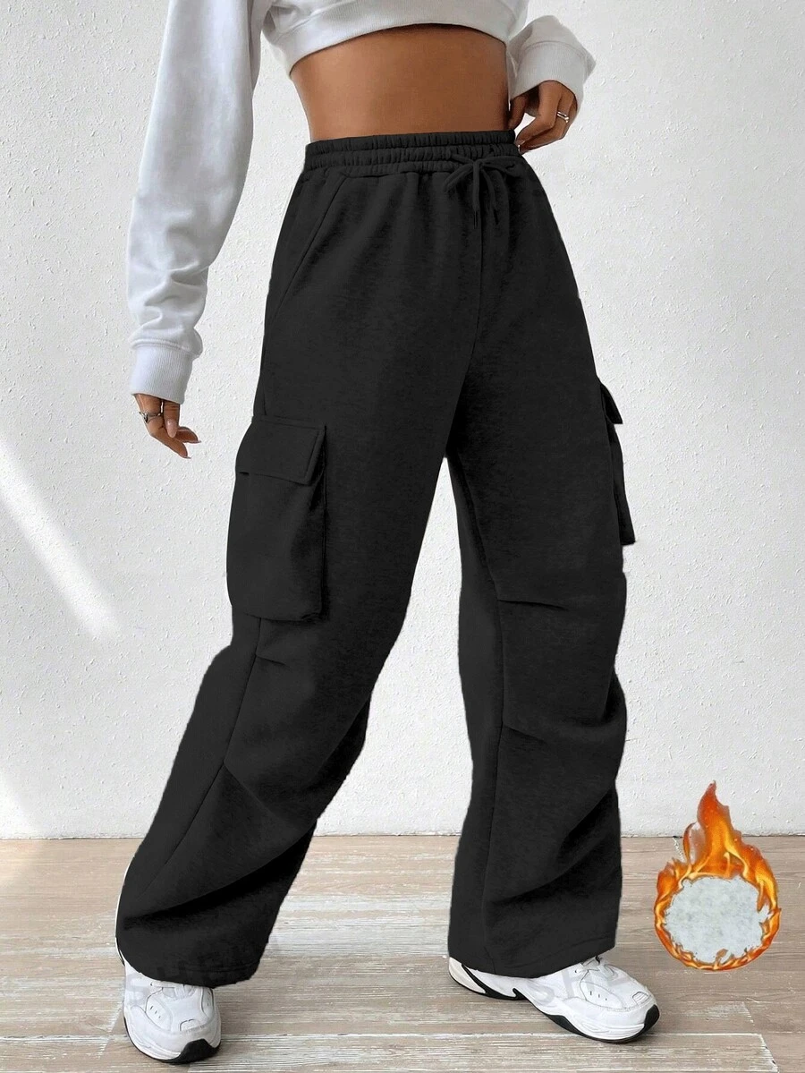 Women's Cargo Pocketed Fleece Cargo Pants - Black - View 1