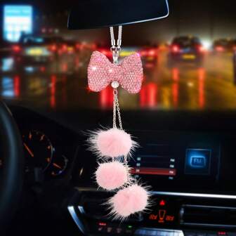 1pc Shining Car Rhinestone Mirror Pendant Bling Bowknot Car Interior Pendant Decoration Hanging Ornaments