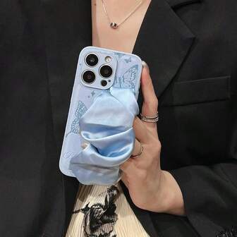 1 pieza Funda de teléfono de moda con mariposa en relieve + correa de muñeca con pañuelo