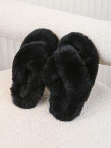 1 双时尚毛茸茸室内拖鞋，温暖家居拖鞋 - 黑色 - 查看 5