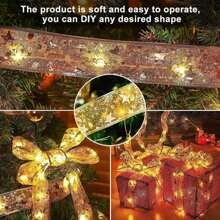 1 st. LED-kerstlintverlichting 39,37/78,74/196,85/393,7 inch zilver/gouden lint met koperdraad, feeënlichtsnoer, kerstboom, decoratief lint, strikken, lampen, op batterijen, voor thuis, tuin, tuin, bruiloft, verjaardag, feest, kerstboom, festivals, nieuwjaarsdecoratie (1/2/5/10 m gouden/zilveren lint; warm wit/wit/kleurrijk licht), kamerdecoratie, kerstdecoratie, kerstverlichting, slaapkamerdecoratie, woondecoratie, feestdecoratie, vakantie, festival, kerstcadeau, Thanksgiving, kerstboomdecoratie, ornamenten