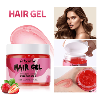 Lakerain Strawberry Scented Extreme Hold Hair Gel - 3.38oz/3.38 Fl. Oz. - Alcohol-Free, Silicone Oil-Free, Moisturizing Ingredients - Perfect For Normal Hair Texture