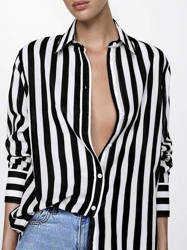 Koszula damska w paski z klapami, jednorzędowa, z długim rękawem, wiosna/jesień