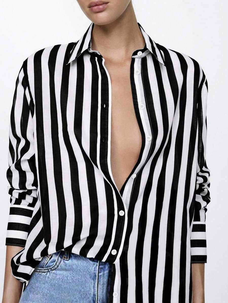 女士条纹翻领单排扣长袖衬衫，春/秋