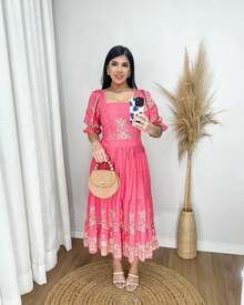 Luxury Print Short Sleeve Midi Dress - 藕粉色 - 查看 1