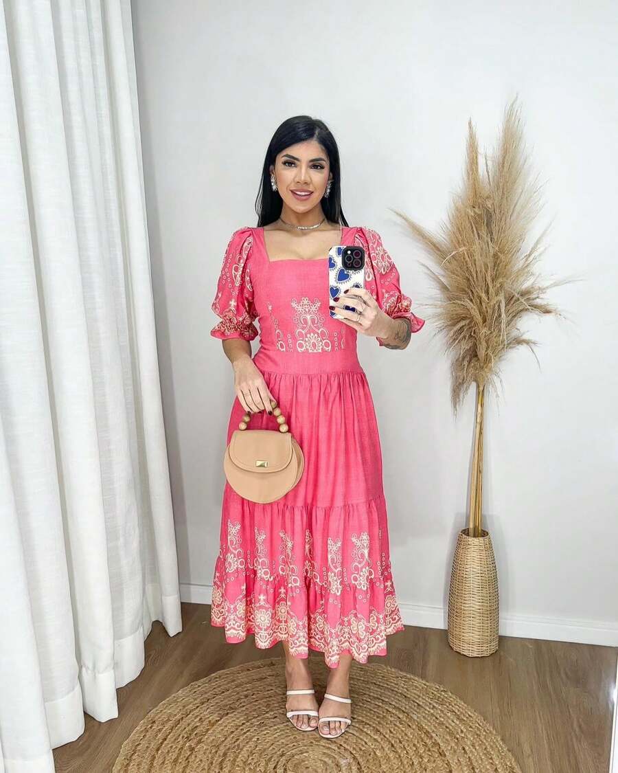 Luxury Print Short Sleeve Midi Dress - 藕粉色 - 查看 1