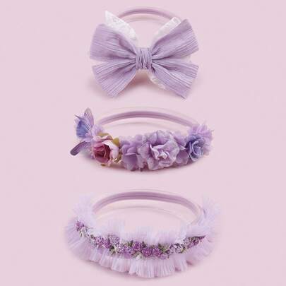Set de 3 diademas para bebé con lazo púrpura, mariposa y flor colorida de encaje, ideal para el Día de San Valentín del amor