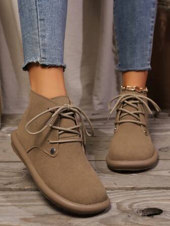 女式复古厚底战斗靴，中筒摩托车工作靴，圆头秋冬踝靴，棕色秋季鞋，女靴