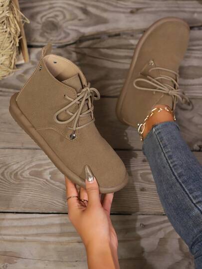 女式复古厚底战斗靴，中筒摩托车工作靴，圆头秋冬踝靴，棕色秋季鞋，女靴