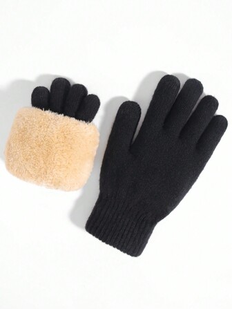 1pair Women's Warm Double-Layer Thick Thermal Lined Touchscreen Gloves, Knit Cold Weather Handwear For Cycling, Office, Writing, Party, Daily Use, Fall / Winter