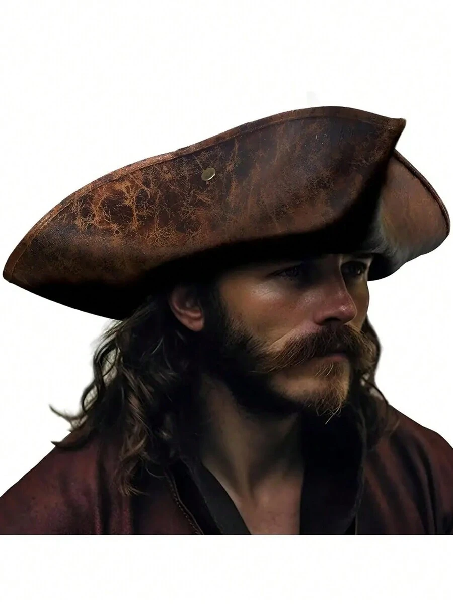 1pc Halloween Faux Leather Pirate Hat Brown Distressed Colonial