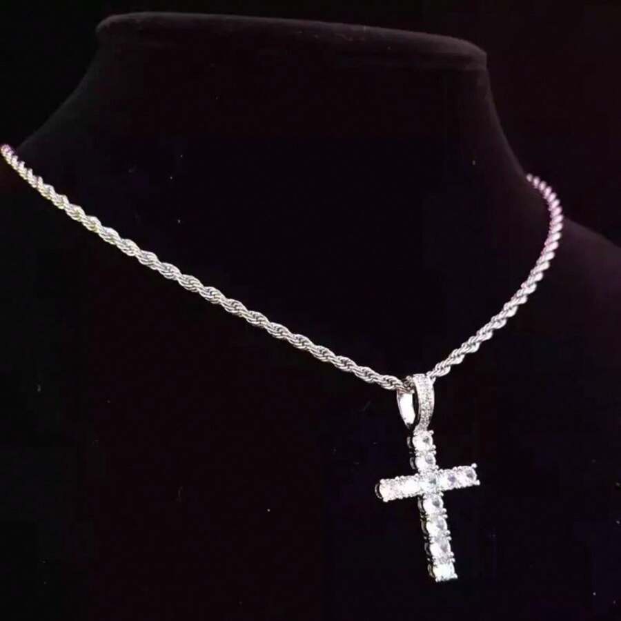 Luxury Bahia Cord Chain Necklace With Ice Cross Pendant Studded With Shiny Diamond Unisex Jewelry For Men And Women Accessories Jewelry - 銀色 - 查看 1