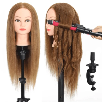 Cabeza de maniquí con cabello de 26 pulgadas de color rubio + soporte para cabeza para práctica de peluquería y cosmetología