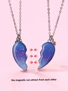 2pcs/Set Girls' Heart & Starry Sky Glow-In-The-Dark Magnetic Necklace Jewelry Gift Set For Friends - Multicolor - View 4