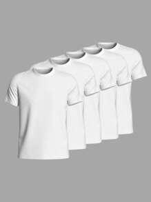 Kit Of 5 Men's Cotton T-Shirts, Round Neck, Short Sleeve, Plain - White - View 1