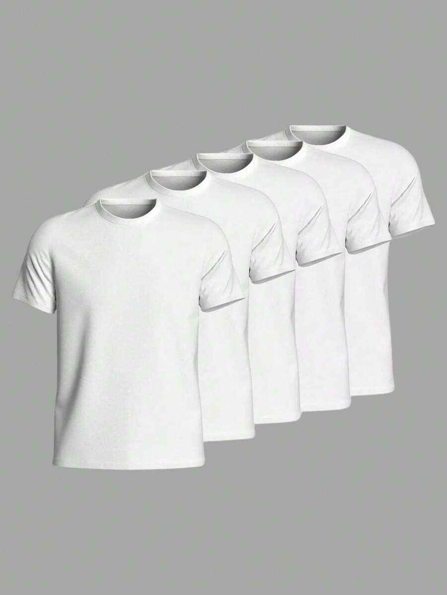 Kit Of 5 Men's Cotton T-Shirts, Round Neck, Short Sleeve, Plain - White - View 1