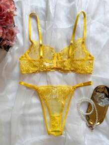 2pcs Women Sexy Lingerie Set, Yellow Mesh Floral Embroidered Sheer Bra And Panty, Intimate Apparel For Valentine's Day, Nightclub, Rave - Yellow - View 3
