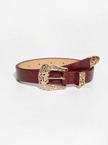 Red Crocodile Embossed Western Style Hollow Floral Buckle Leather Belt Summer, School Fall, Autumn, Halloween
