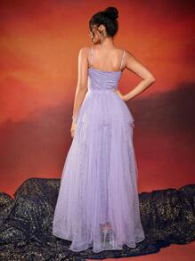 Vestido de fiesta de mujer con tirantes finos, lentejuelas y tul brillante, vestido de invitada de boda, vestido formal, vestido de noche - Morado - Ver 6