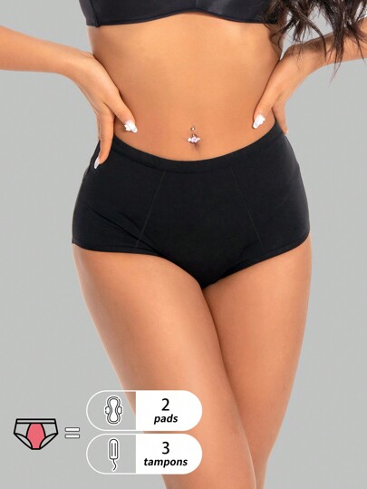 1 pieza Bragas de alto de cintura absorbentes y a prueba de fugas en color negro para mujeres, ropa interior menstrual con ajuste elástico y cómodo