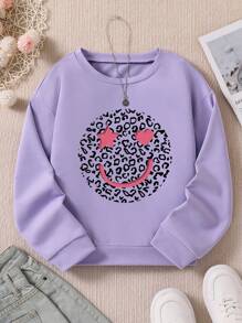 Top de manga larga de cuello redondo, sudadera, casual, deportiva, de primavera y otoño, con estampado de una cara sonriente de estrella de cinco puntas, para niña preadolescente - Morado - Ver 1