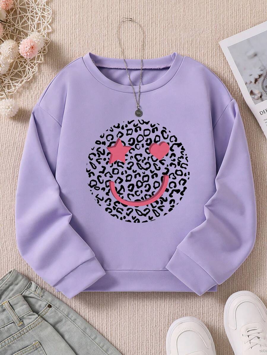 Top de manga larga de cuello redondo, sudadera, casual, deportiva, de primavera y otoño, con estampado de una cara sonriente de estrella de cinco puntas, para niña preadolescente - Morado - Ver 1