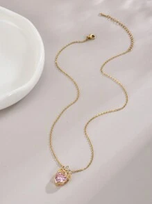 1pc Girl Pink Crown & Heart Pendant Necklace - Ideal Gift For Birthday