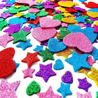 150pcs Fantasy Glitter Foam Stickers - Self-Adhesive, Reusable Vinyl Heart & Star Shapes, Mixed Colors, For Crafts, Greeting Cards, Home Decor