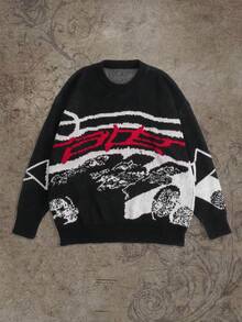 New Arrival Women's Casual Chic Daily Y2K Style Portrait Graphic Round Neck Colorblock Pullover Sweater,Long Sleeve Tops - Black - View 3