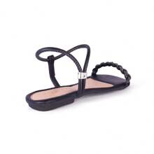 Women's Flat Sandal With Adjustable Braided Rhinestone Strap, Lightweight, Comfortable, Non-Slip - màu đen - Xem 6