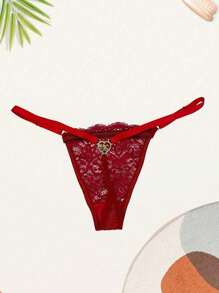 Lace Adjustable Panties Thong With Heart-Shaped Jewelry Make The Pix - 紅色 - 查看 2
