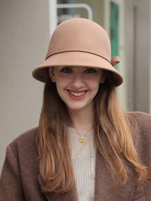 LEAJOURNO. 1 chiếc mũ xô nữ, trang trí nơ cổ điển thanh lịch theo phong cách Pháp, phù hợp cho mùa thu/đông - Màu Khaki - Xem 2