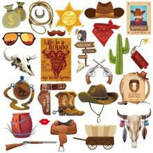 25pcs Western Cowboy Party Photo Props, Paper Cowboy Pattern Cards + Bamboo Sticks, DIY Funny Atmosphere Decorations, Suitable For Birthday Party, Theme Party, Western Carnival Supplies
