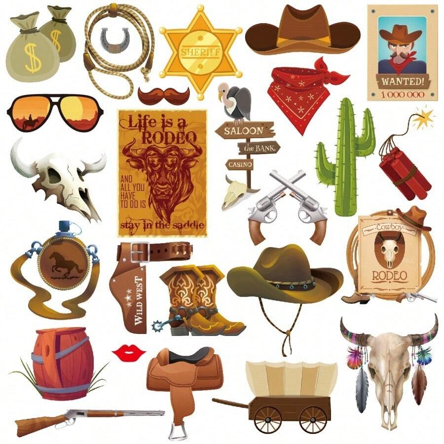 25pcs Western Cowboy Party Photo Props, Paper Cowboy Pattern Cards + Bamboo Sticks, DIY Funny Atmosphere Decorations, Suitable For Birthday Party, Theme Party, Western Carnival Supplies