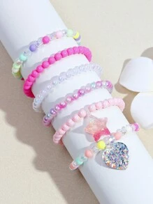 6pcs/Set Girls' Heart & Star Pendant Bracelet Set, Colorful Beaded Charm Jewelry Bracelet, Suitable For Girls' Party Gifts, Random Color