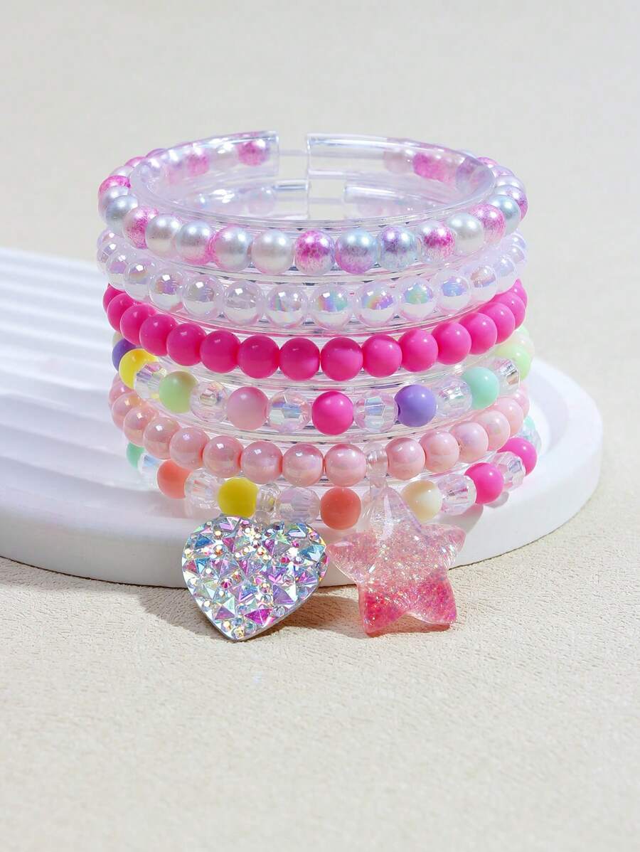 6pcs/Set Girls' Heart & Star Pendant Bracelet Set, Colorful Beaded Charm Jewelry Bracelet, Suitable For Girls' Party Gifts, Random Color
