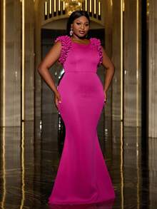 Faeriesty 加大荷叶边美人鱼下摆礼服，优雅舞会晚礼服，适合婚礼嘉宾、毕业典礼、晚宴 - 玫紅色 - 查看 5