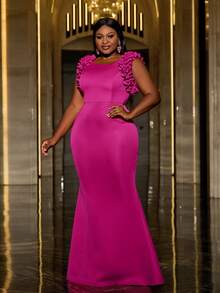 Faeriesty 加大荷叶边美人鱼下摆礼服，优雅舞会晚礼服，适合婚礼嘉宾、毕业典礼、晚宴 - 玫紅色 - 查看 1