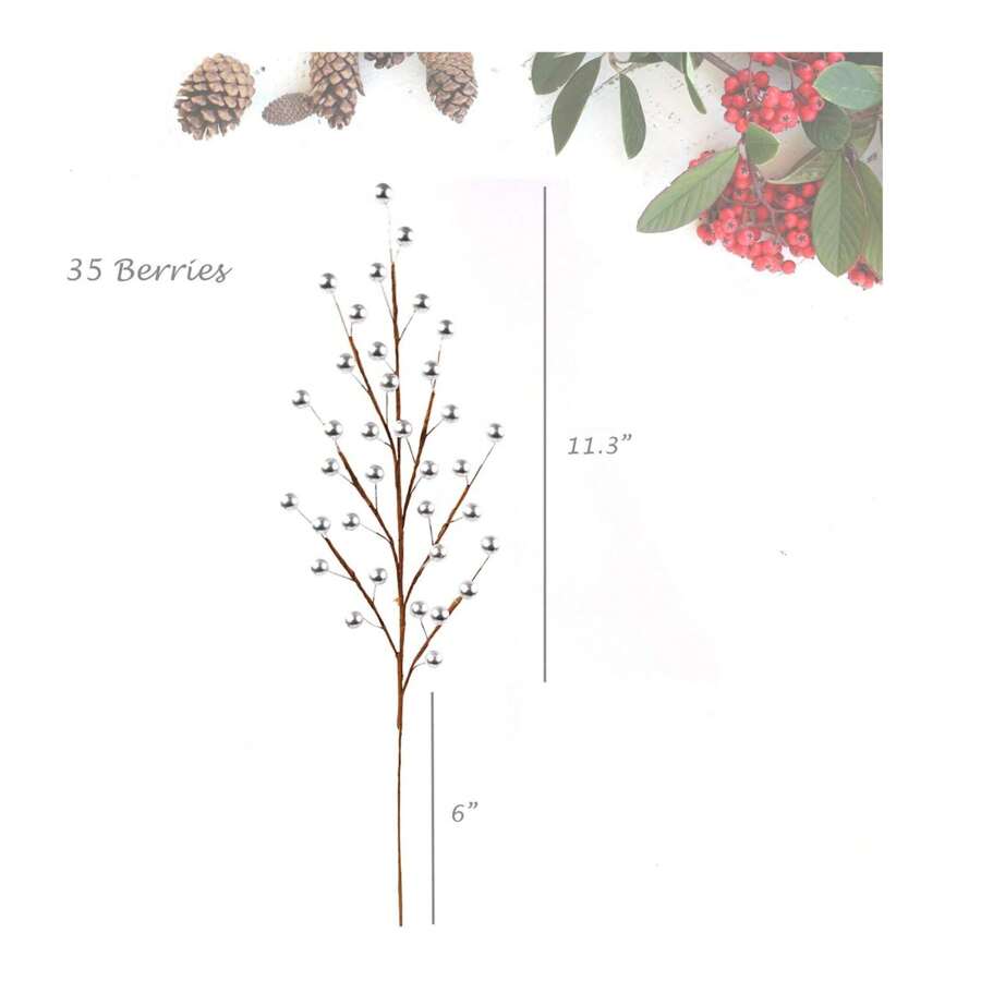 12-Pack Silver Holly Berry Stems With 35 Lifelike Berries | 19-Inch | Festive Holiday Decor | Trees, Wreaths, & Garlands | Christmas Picks | Home & Office Decor, Floral Home By Artificial Flowers - 銀色 - 查看 1