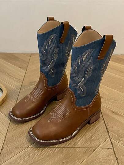 Women's White Western Boots Autumn/Winter Embroidered Square Toe Slip-On Mid-Heel Mid-Calf Boots ,Suitable For Women Outdoor Shoes With Cardigan Wear With Sweater,Cowboy Boots