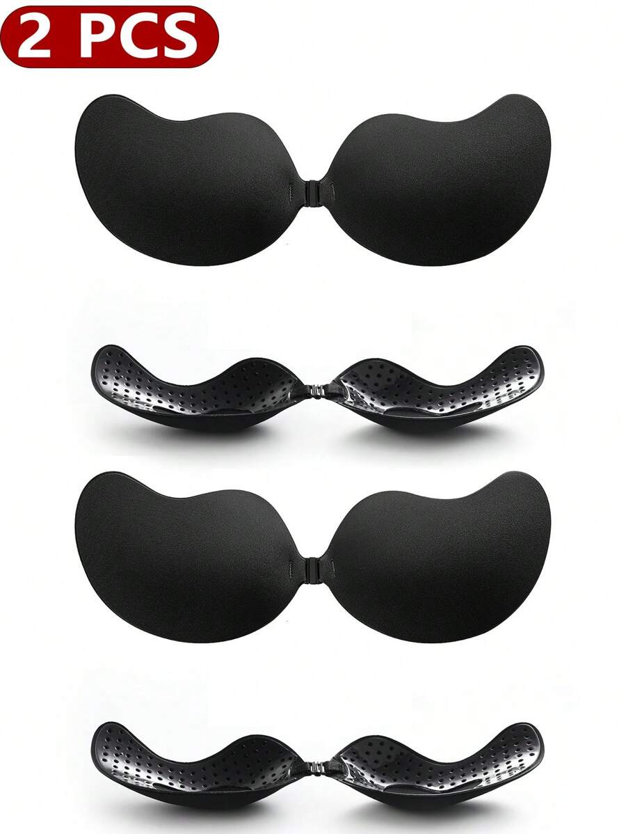 2Pairs Sticky Bra Invisible Push-Up Breast Lift Silicone Backless Nipple Covers Self Adhesive Strapless Mango-Shaped Bra - Black - View 1