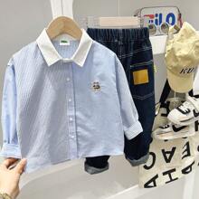 男童秋季翻领长袖衬衫，大童休闲卡通衬衫 - 藍色 - 查看 3