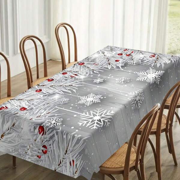 1 peça toalha de mesa decorativa estampada com floco de neve branco prateado com tema de Natal, toalha de mesa retangular, decoração de jantar de feriado, mesa de pano de feriado