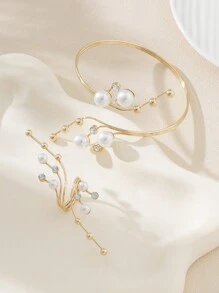 Set Of Cute Line Pearl Bracelet & Ring, Ladies Party Gift