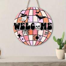 1 pieza Cartel de bienvenida de Halloween para decoración de pared - Hermoso cartel de puerta de madera falsa con diseño de bola de discoteca, calavera y decoraciones de terror, decoraciones de temporada de Halloween y Navidad