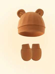 6 件/2 件婴儿帽子和手套套装，纯色纯棉保暖防摔防刮可爱耳朵育儿帽和手套，适合新生婴儿男孩和女孩日常使用 - 彩色 - 查看 9